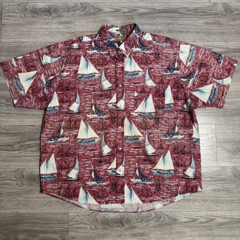 100% Cotton Natural Issue‎ Men Shirt XXL Red Sailboat Wrinkle Free Short Sleeve